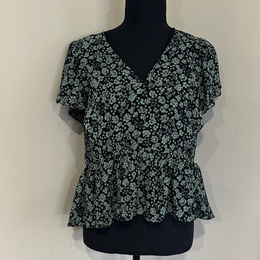 *MADEWELL* Black x Green Georgette Floral V-Neck Peplum Blouse Size XS